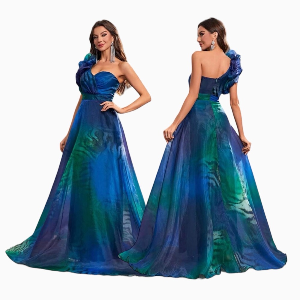 Blue Sleeveless One Shoulder Zebra Print 3D Floral Lace Trim & Belted Dress